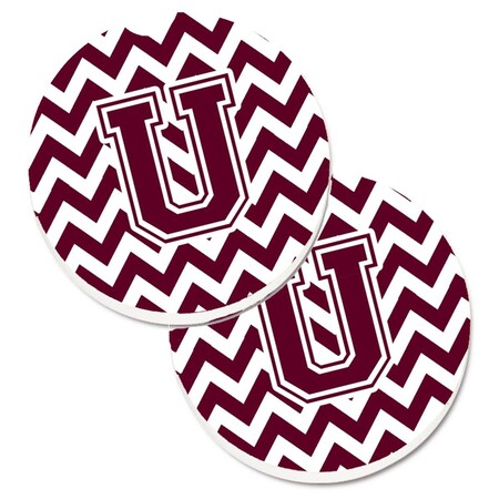 Carolines Treasures Letter U Chevron Maroon and White Set of 2 Cup Holder Car Coaster CJ1051-UCARC